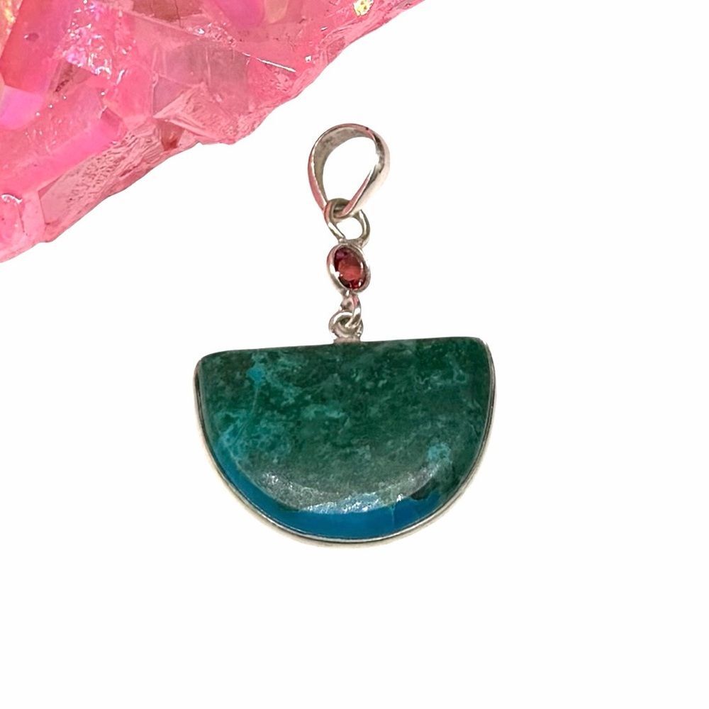 Azurite Chrysocolla Garnet Necklace Pendant Solid 925 Sterling Silver